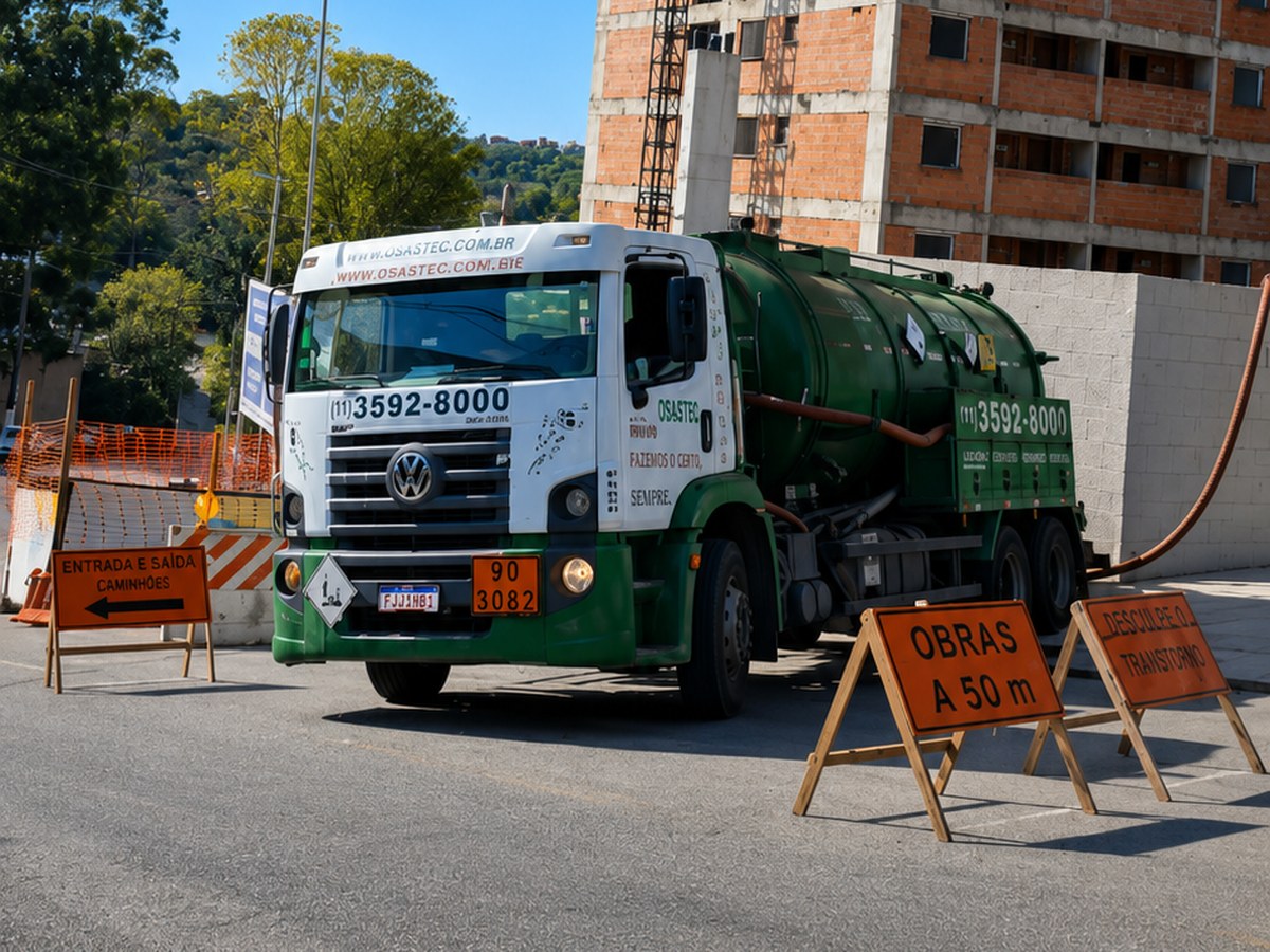 Caminhão limpa fossa da OSASTEC em operação em obra